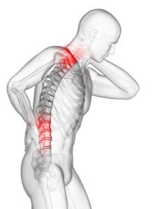 A man with his back turned and the red area shows pain in his spine.